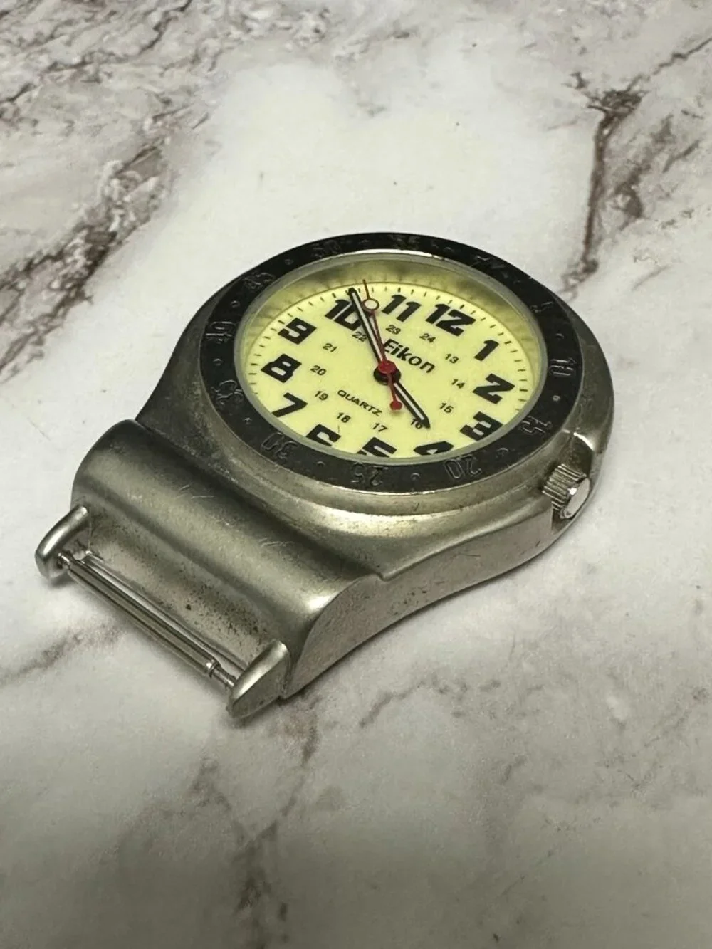 3/$30 Eikon Clip On Watch Mens Silver Tone Yellow Dial 36MM No Band New Battery